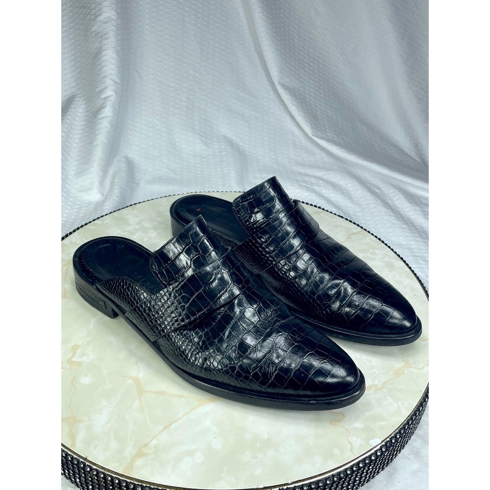 Freda Salvador Keen Croc Embossed Leather Mules Womens 9 Black Pointed Toe Spain